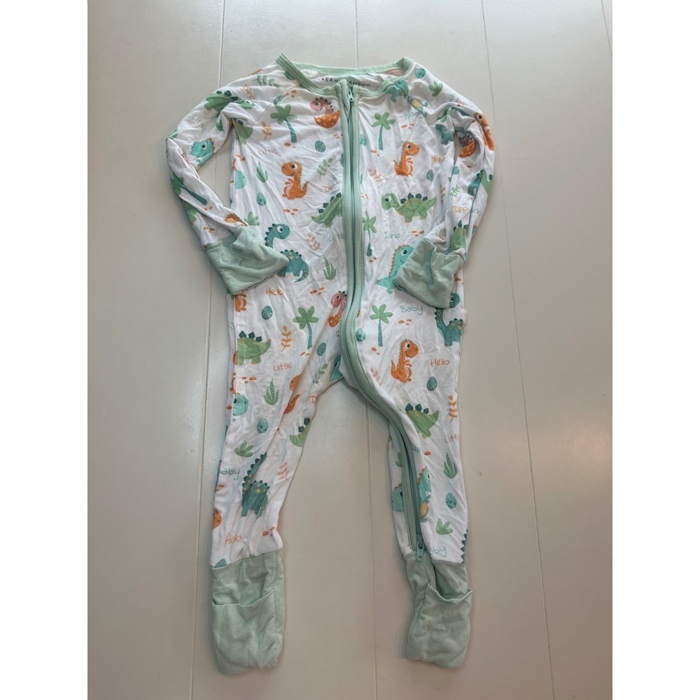 Dreamy Bamboo Dinosaur Sleeper Baby 3-6M White Green Good Two-Way Zip Footie